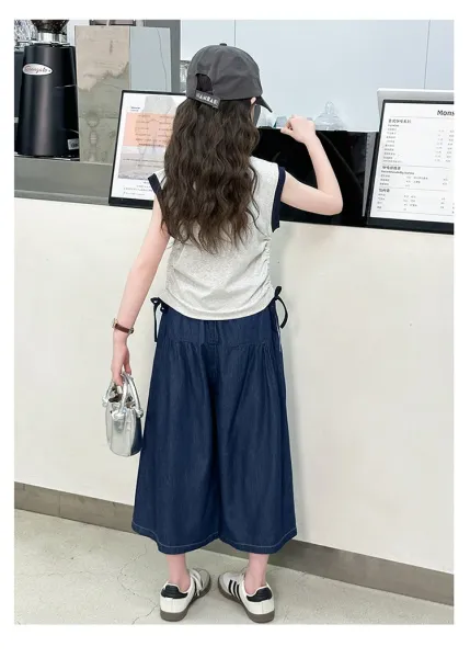 Design Wide-Leg Denim Culottes Navy Blue Pants - 10