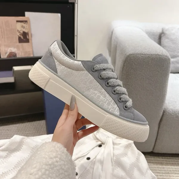 Design Lace-Embellished Platform Sneakers Gray Silver - 1