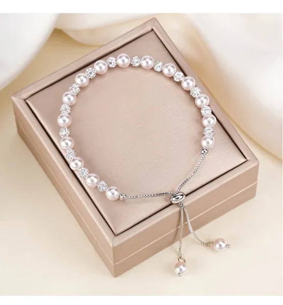 Design Pearl and Crystal Beaded Adjustable Bracelet Pink Silver Jewelry - 7