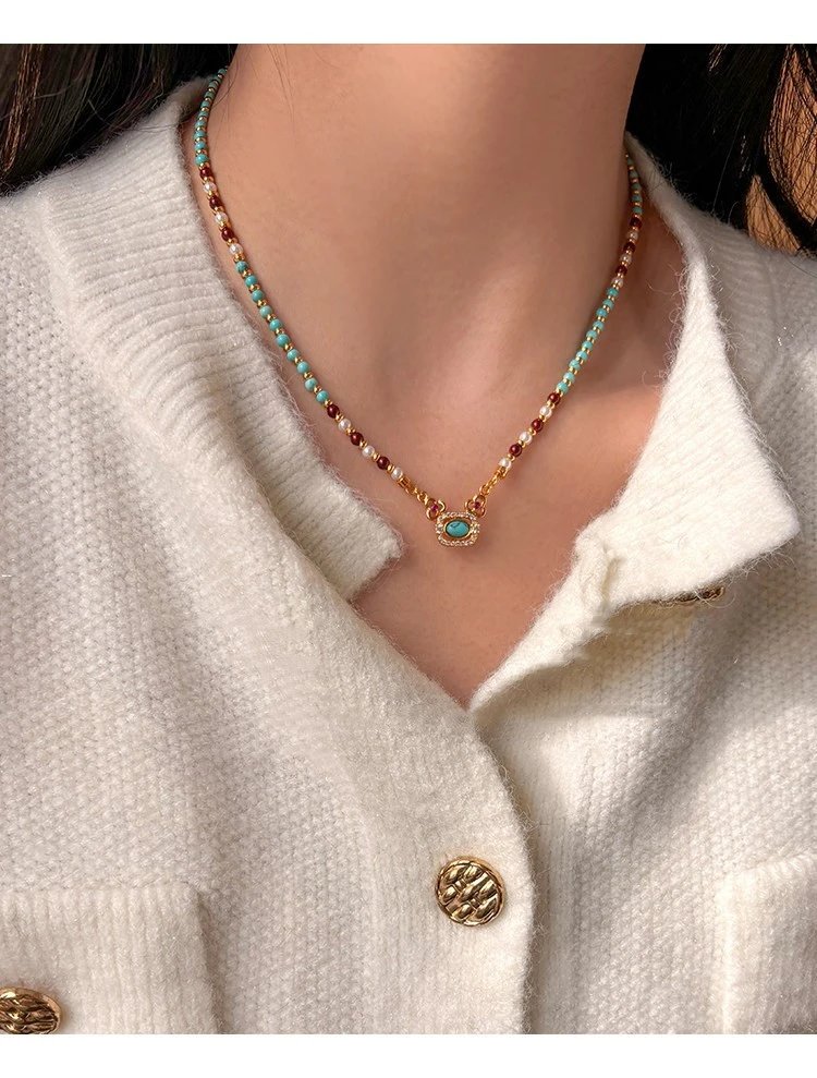 Design Turquoise and Coral Beaded Bracelet with Pearl Accents and Gold-Tone Clasp Jewelry - 6