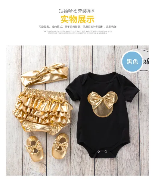 Design Minnie Mouse Leopard Print 'My 1st Birthday' White Bodysuit Set with Gold Ruffled Shorts, Headband and Shoes Sets - 15