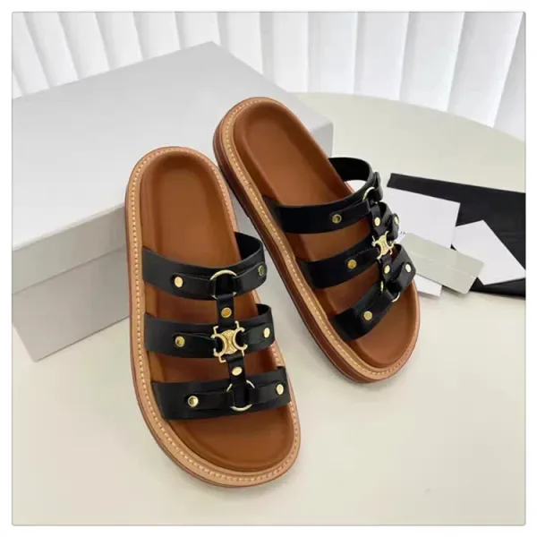 Celine Triomphe Slide Sandals Black and Tan Leather Slippers - 9