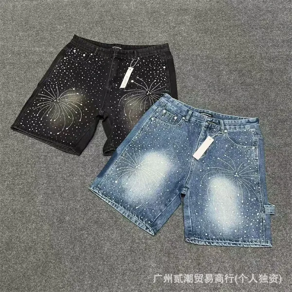 Design Denim Shorts with Rhinestone Sunburst Embroidery Blue and Black - 3