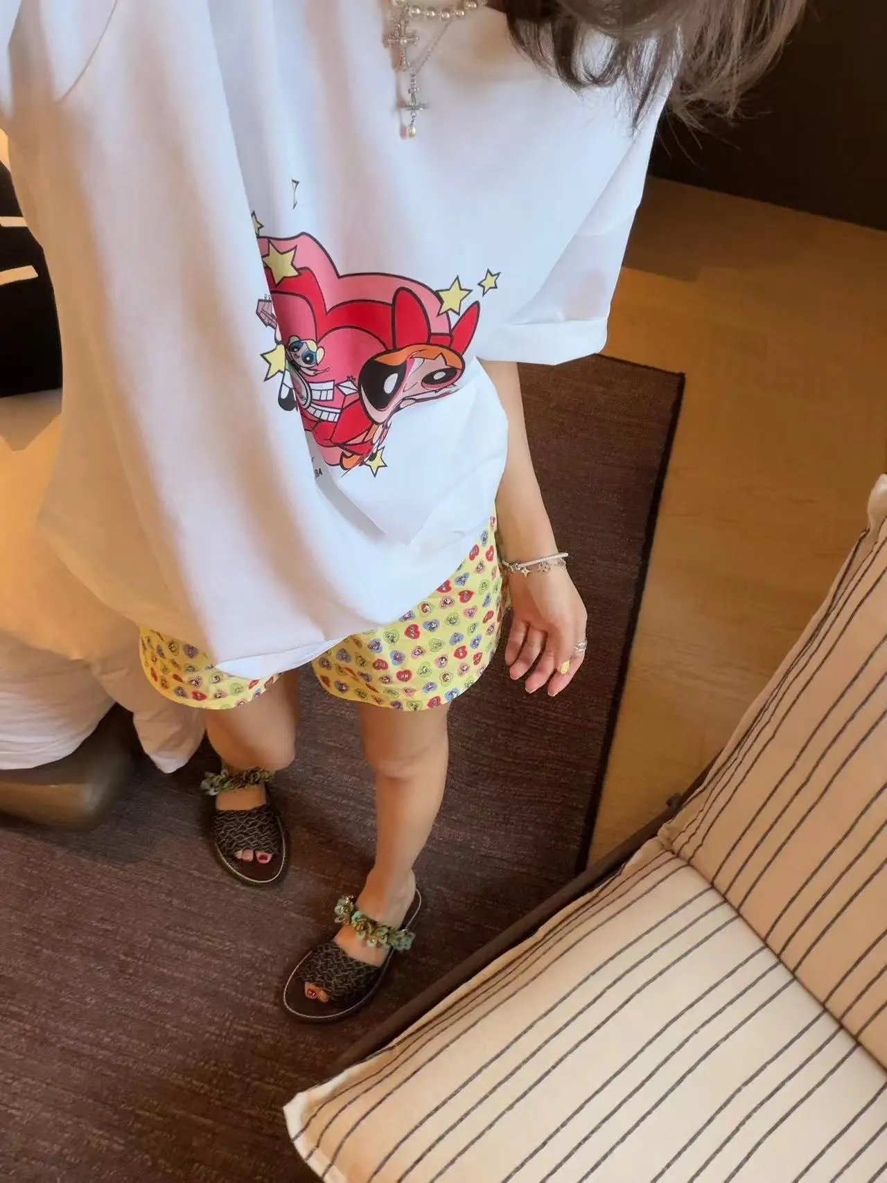 Design Heart Print Wide-Leg Pants Yellow - 37