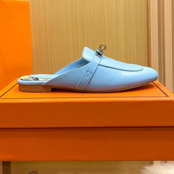 Hermès Oran Mule Light Blue Leather Slipper - 1