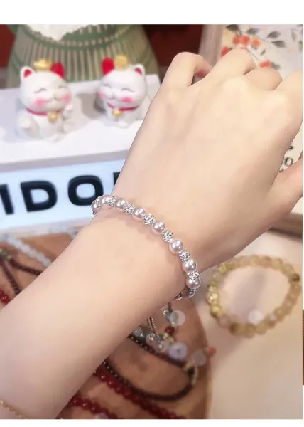 Design Pearl and Crystal Beaded Adjustable Bracelet Pink Silver Jewelry - 10