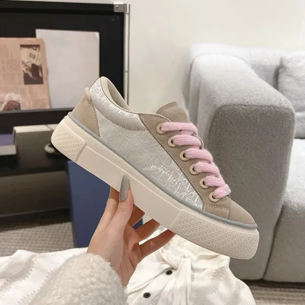 Design Chunky Platform Sneakers with Metallic Silver and Pink Laces - 1