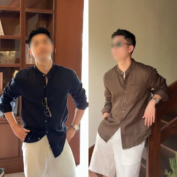 Design Mandarin Collar Shirt Brown Linen Blend Shirt - 3