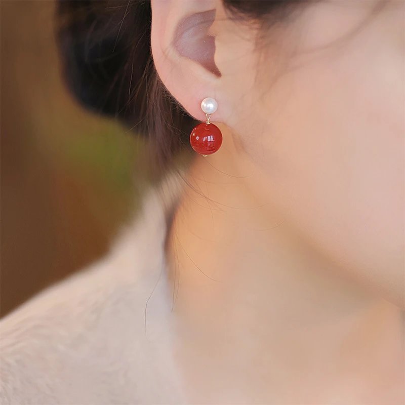 Red Agate Pearl Drop Earrings Red Bohemian