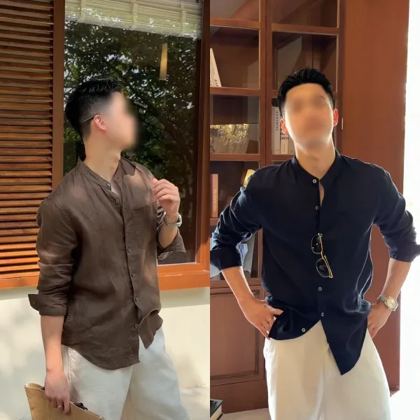 Design Mandarin Collar Shirt Brown Linen Blend Shirt - 5