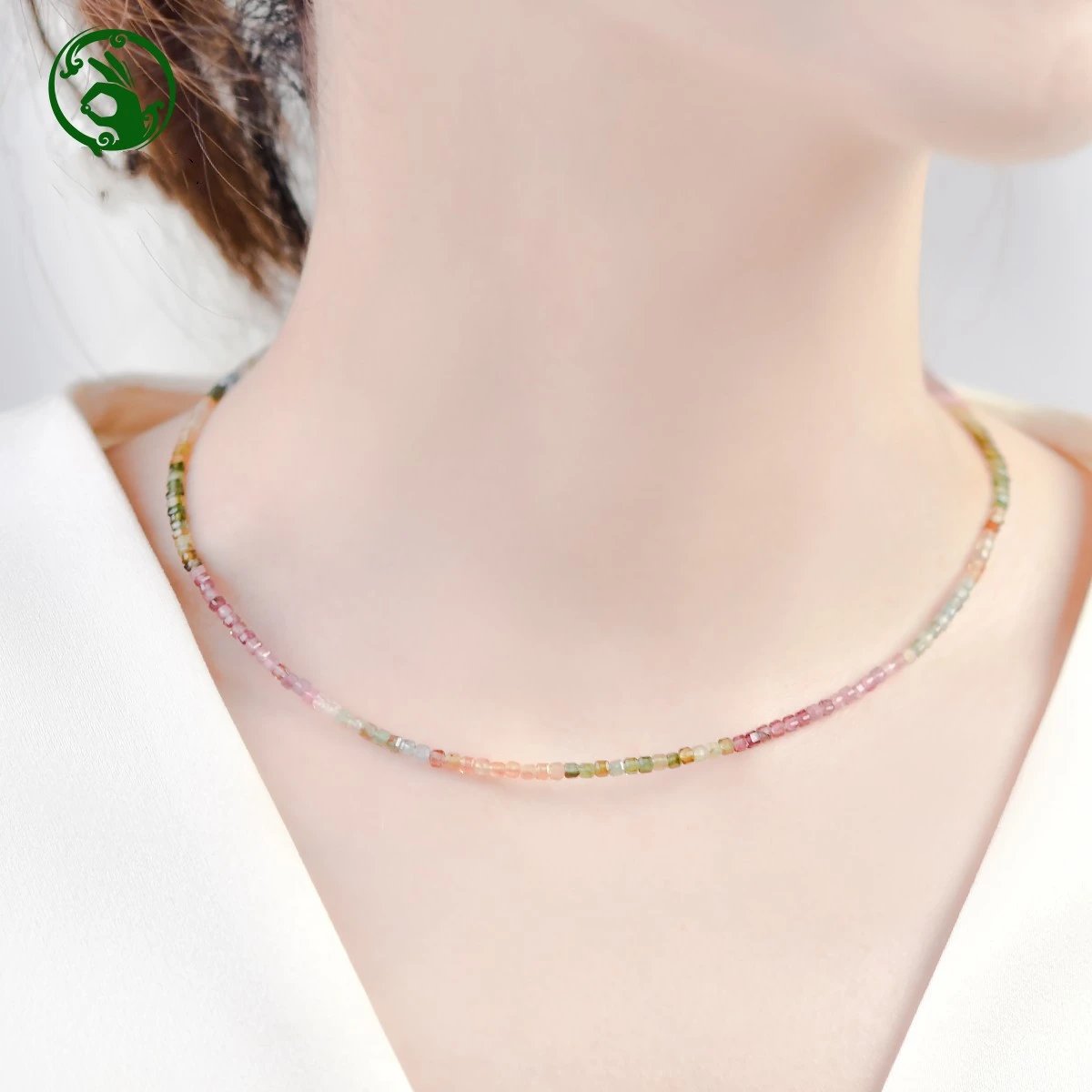 Multicolor Tourmaline Square Bead Choker Necklace