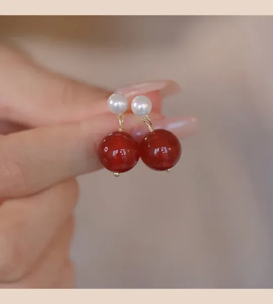 Design Pearl and Red Agate Drop Earrings - 5