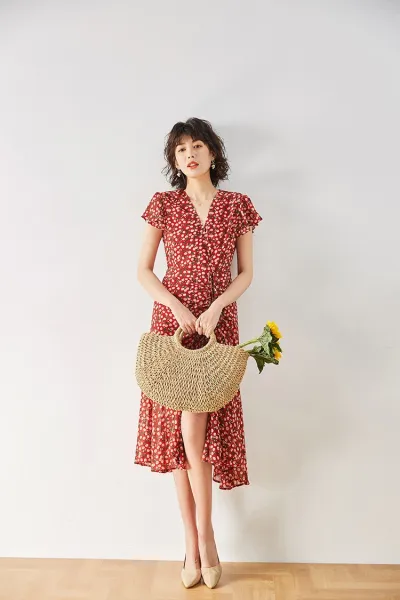 Design Red Floral Wrap Maxi Dress with Ruffle Sleeves Dress - 21