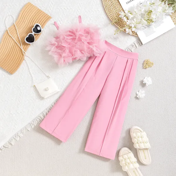 Design Tulle Top and Pleated Wide-Leg Pants Set in Pink - 1