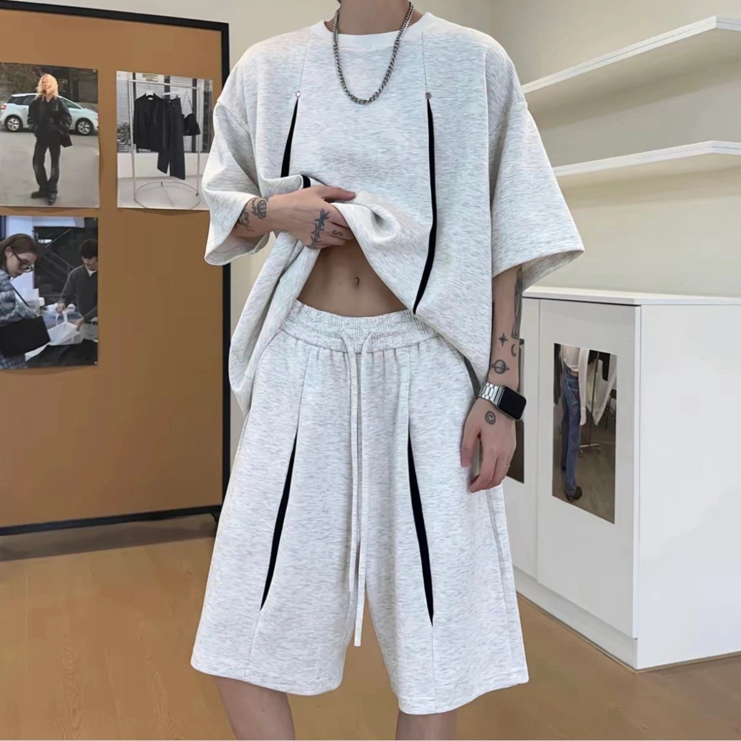 Oversized Cropped Top and Wide-Leg Shorts Set Gray