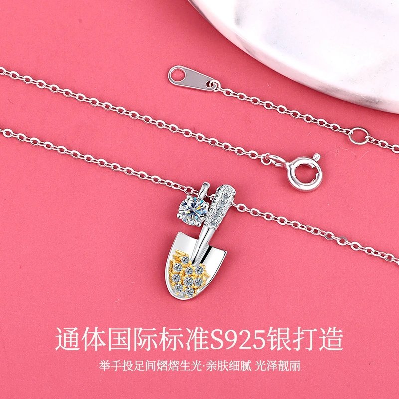 Shiny Shovel Pendant Necklace Silver Gold Crystal Charm