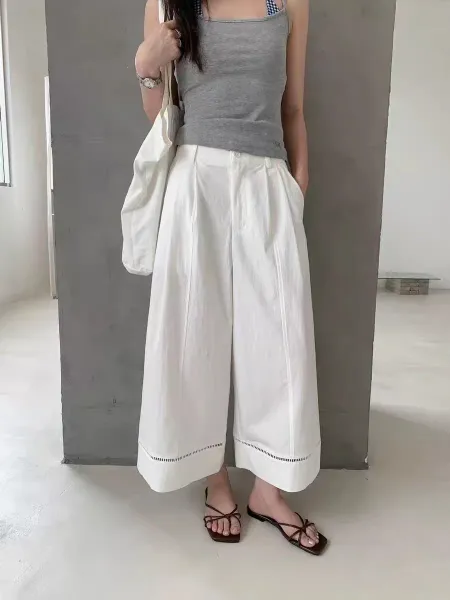 Design Wide-Leg Cropped Pants with Contrast Stitching Black - 3