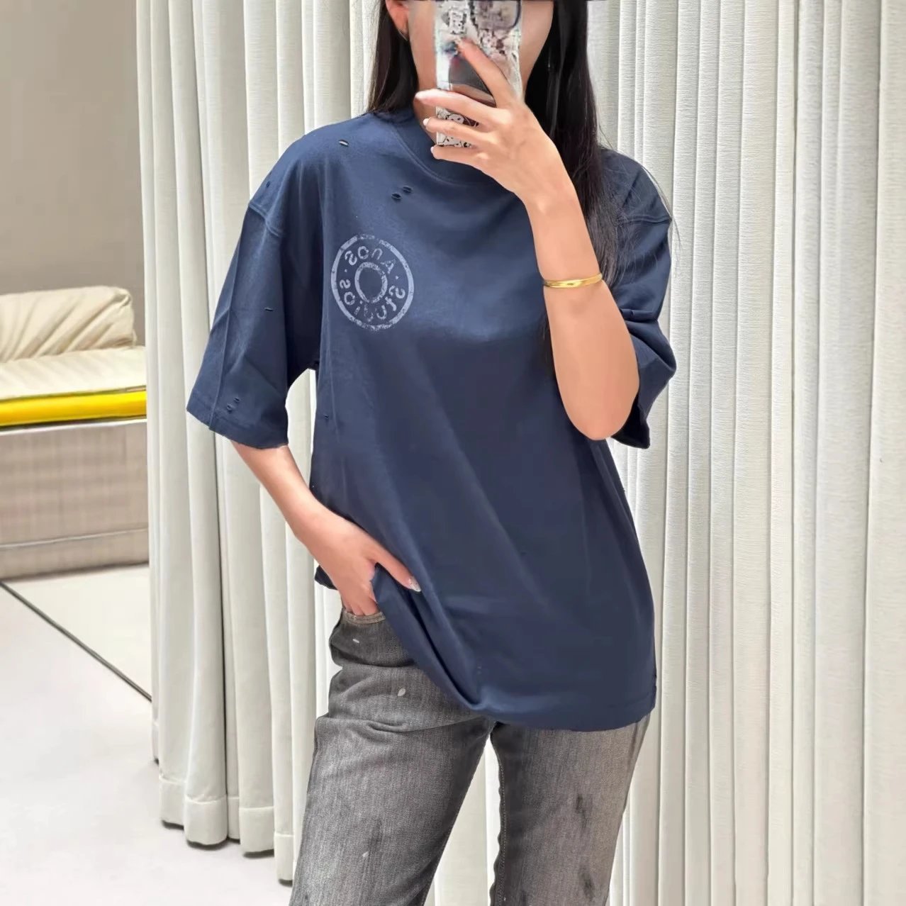Oversized Navy Blue Graphic Print Distressed Long Sleeve T-Shirt