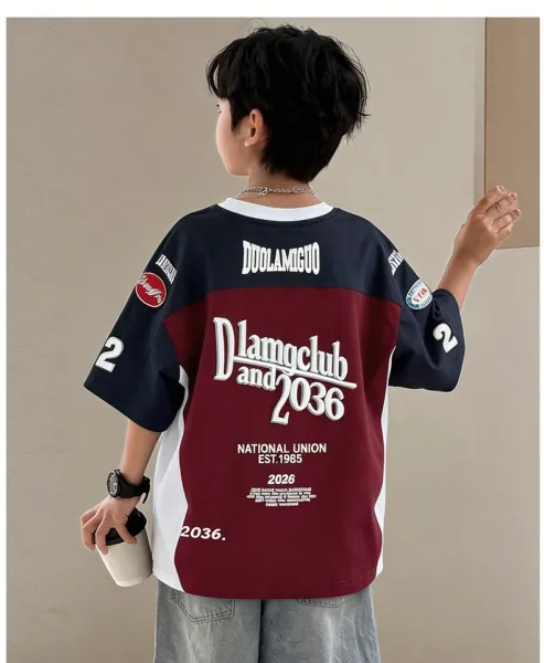 Design DLMG Graphic Print Color-Block T-Shirt Burgundy T-Shirts - 10