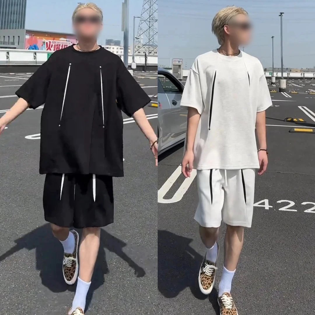 Design Oversized Split-Panel Gray T-Shirt and Shorts Set - 5