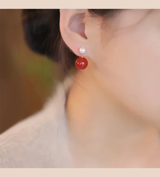 Design Pearl and Red Agate Drop Earrings - 8