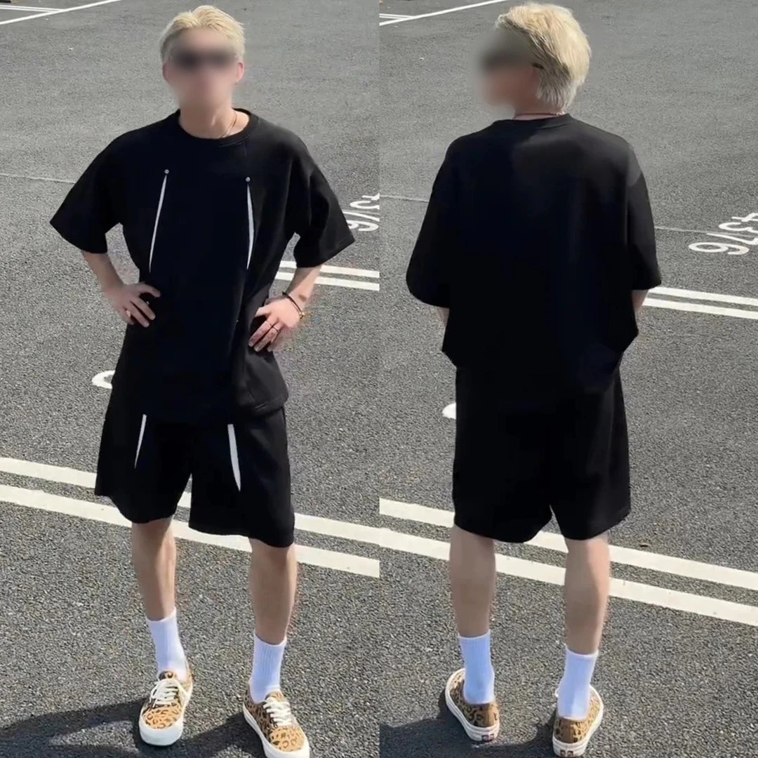 Design Oversized Split-Panel Gray T-Shirt and Shorts Set - 6