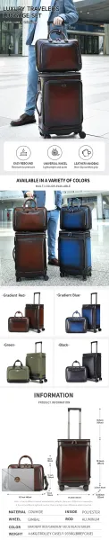 Design Gradient Blue Leather Travel Set: Rolling Suitcase and Briefcase Travel Bags - 3