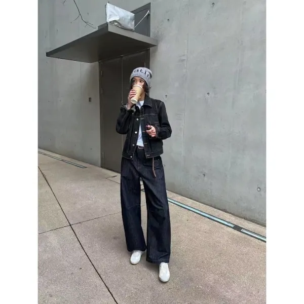 Design Grid-Check Windbreaker Jacket Gray, Wide-Leg Denim Jeans Dark Blue, Olive Canvas Sneakers Outerwear - 13