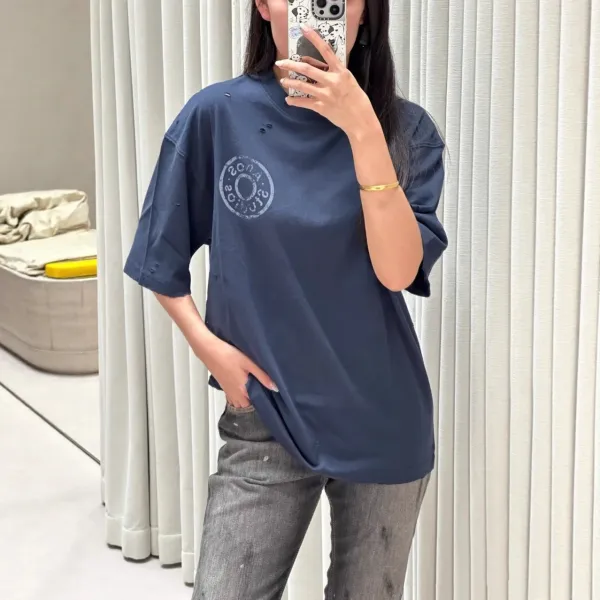 Acne Studios Distressed Logo Print Navy T-Shirt - 5