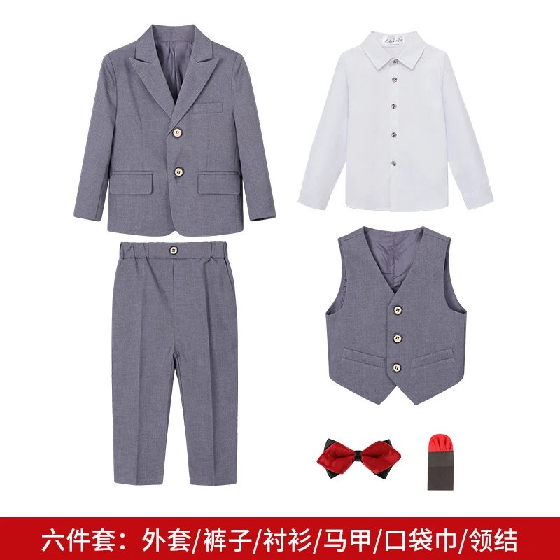 灰色6件套（衬衫+外套+马甲+长裤+口袋巾+领结）