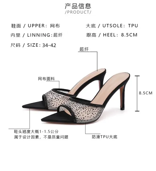 Design Mesh-Embellished Pointed-Toe Mule Heels Black - 10