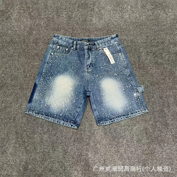 Design Denim Shorts with Rhinestone Sunburst Embroidery Blue and Black - 6