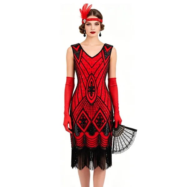 Design Flapper Dress Black Beaded Fringe Dress - 8