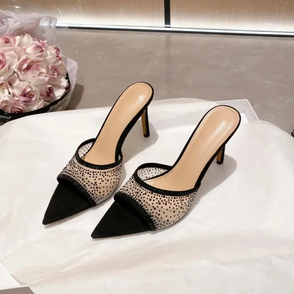 Design Mesh-Embellished Pointed-Toe Mule Heels Black - 17