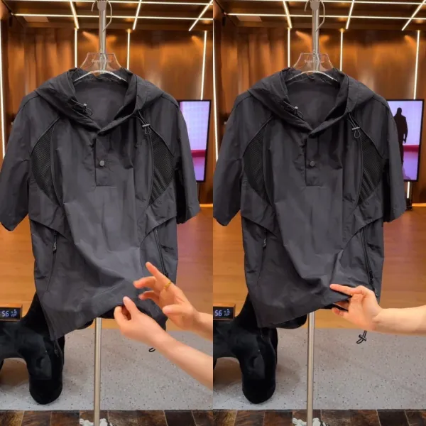 Design Short-Sleeve Hooded Windbreaker Black Outerwear - 7