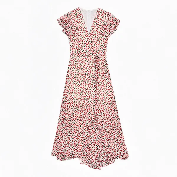 Design Red Floral Wrap Maxi Dress with Ruffle Sleeves Dress - 35