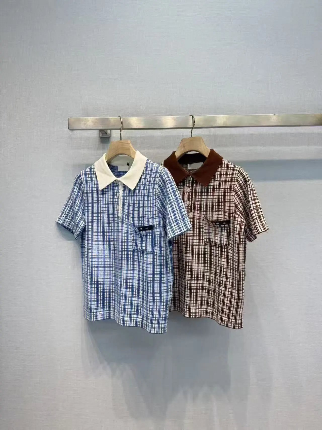 Design Grid-Check Polo Shirt in Blue and White - 3