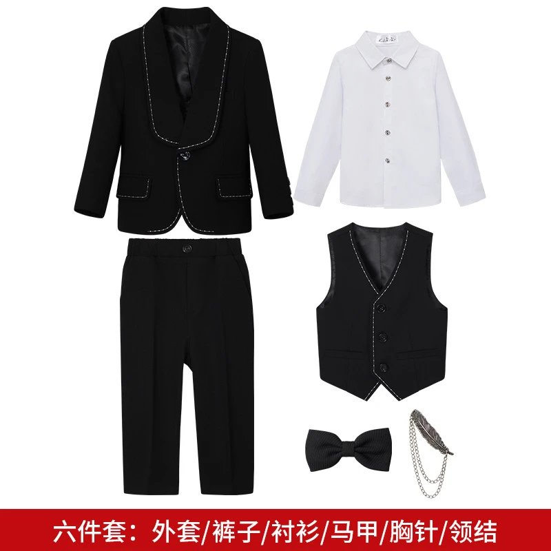 黑色6件套（衬衫+外套+马甲+长裤+领结+胸针）