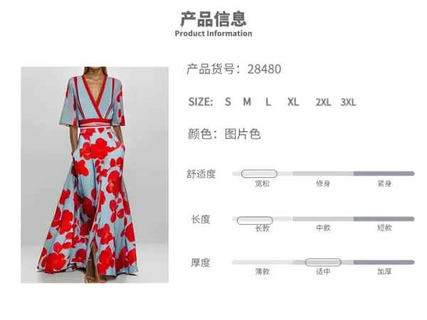 Design Floral Print V-Neck Wrap Maxi Dress in Light Blue and Red - 3