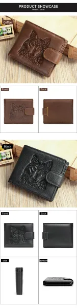 Design Wolf Embossed Leather Short Wallet Black Short Wallet - 7