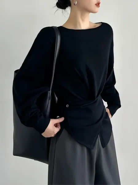 Design Asymmetrical Draped Long Sleeve Top Gray - 9