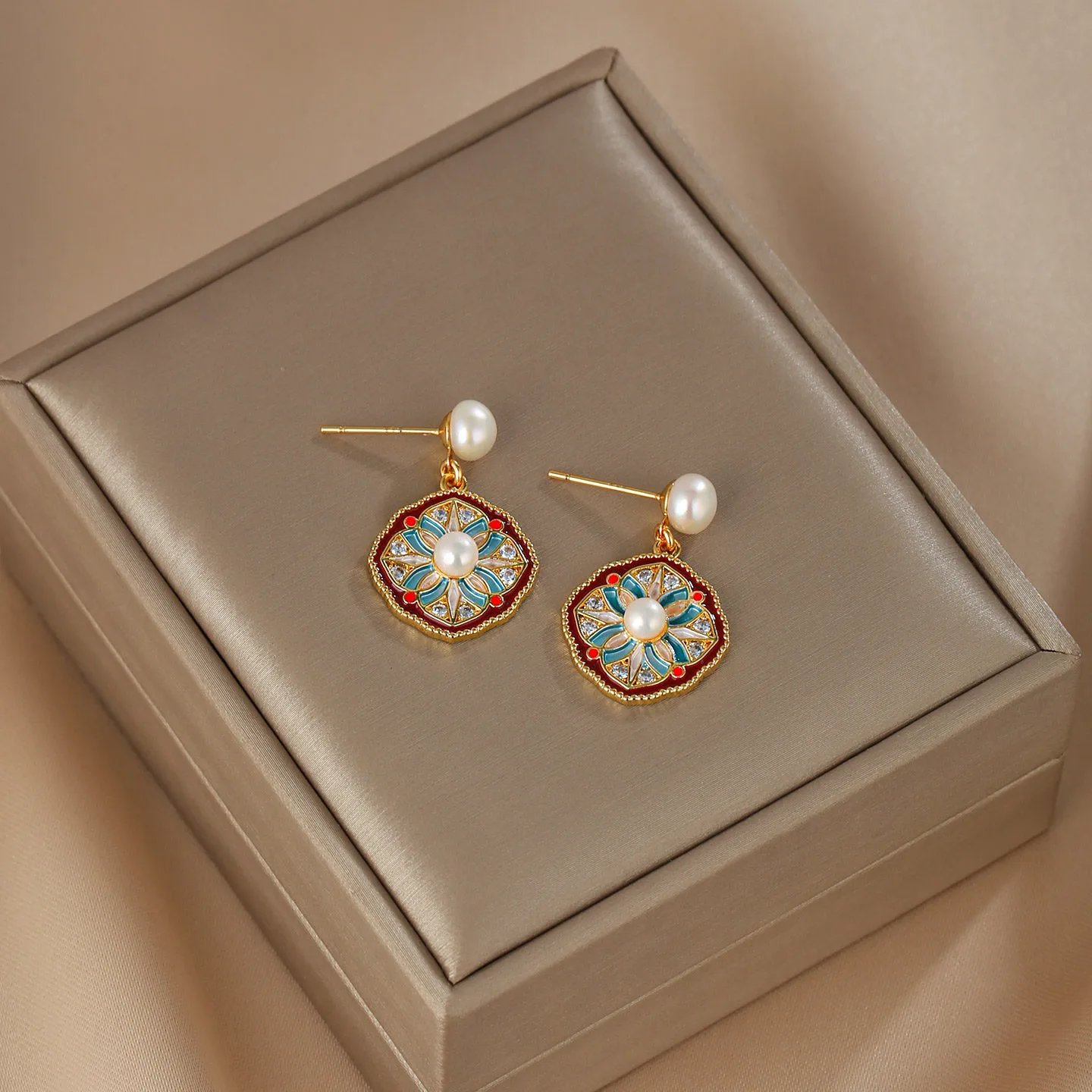 Gold Tone Enamel Red Blue Floral Pearl Drop Earrings