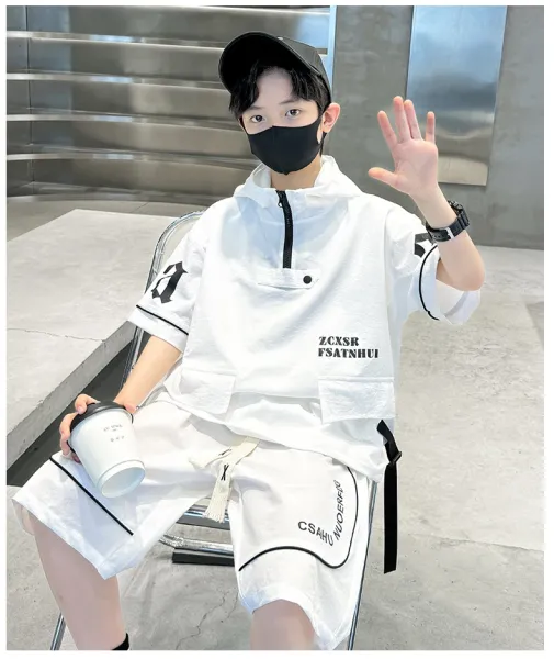 Design Short-Sleeve Hooded Jacket and Shorts Set Black Streetwear Outfit - 25
