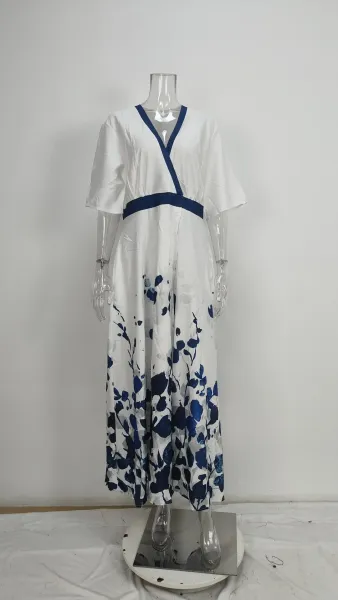 Design Floral Print V-Neck Wrap Maxi Dress in Light Blue and Red - 17