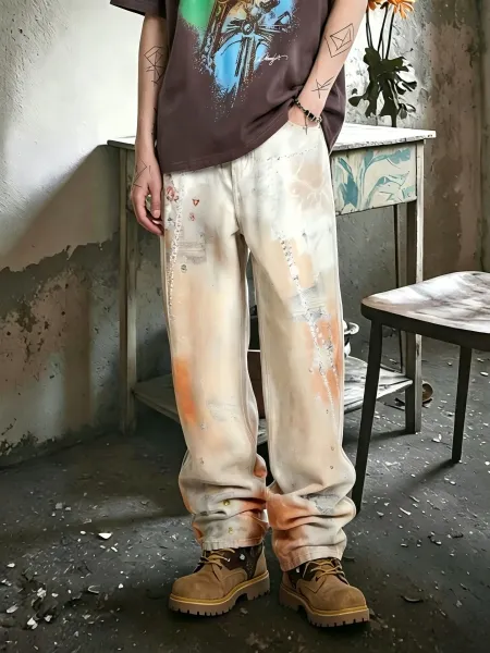 Design Distressed Paint-Splatter Wide-Leg Pants with Heart Patch Beige - 5