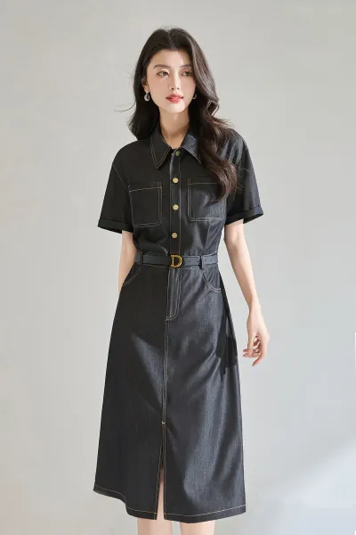 Design Denim Shirt Dress with Contrast Stitching and Belt Black Dress - 9
