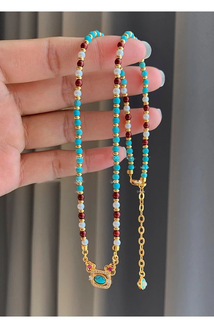 Design Turquoise and Coral Beaded Bracelet with Pearl Accents and Gold-Tone Clasp Jewelry - 11
