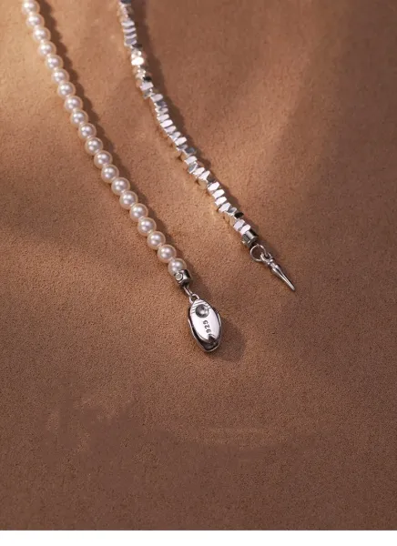 Design Crushed Silver Necklace with Pearl Beads Jewelry - 15