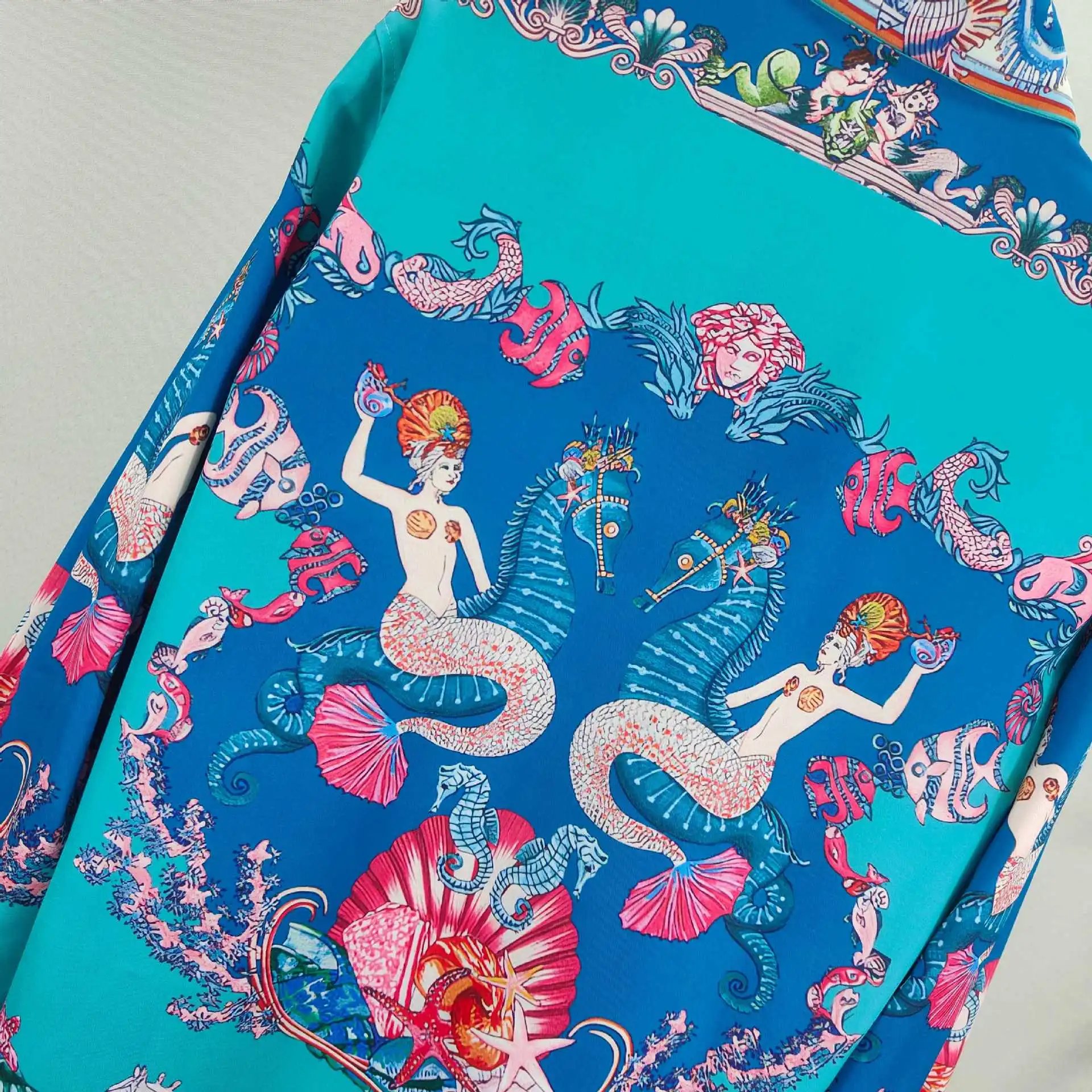 Versace Baroque Print Silk Shirt and Shorts Set Turquoise Multicolor - 7