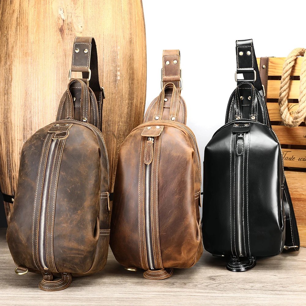 Men's Vintage Genuine Leather Crossbody Chest Bag for Outdoor Travel